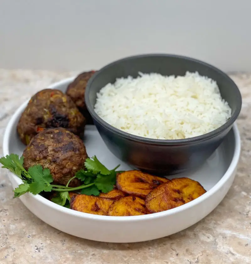 Fried Albondigas - Cuban Style - served with white rice and plantains