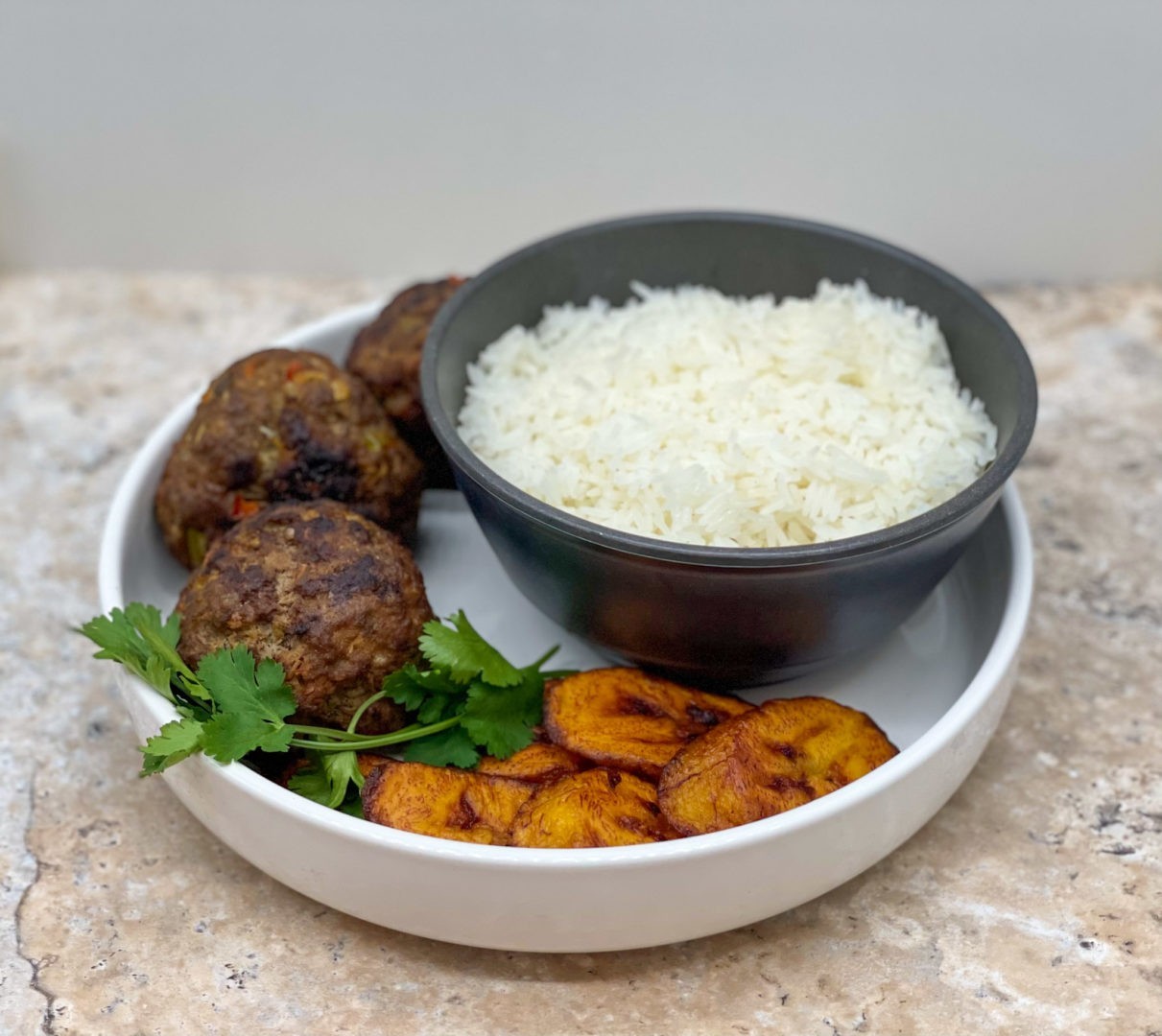 Fried Albondigas - Cuban Style - served with white rice and plantains