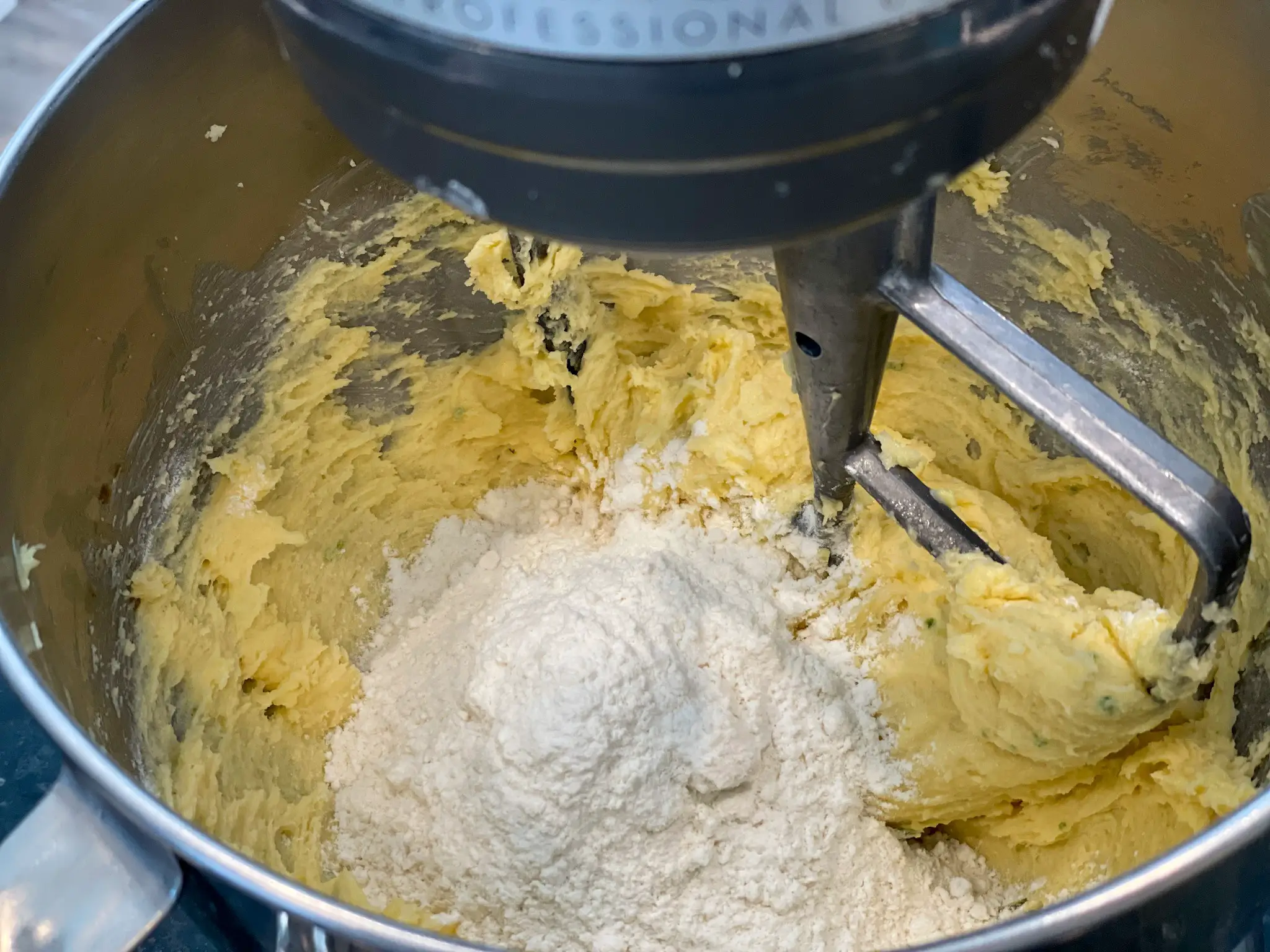 Mixing in the flour for torticas de moron.