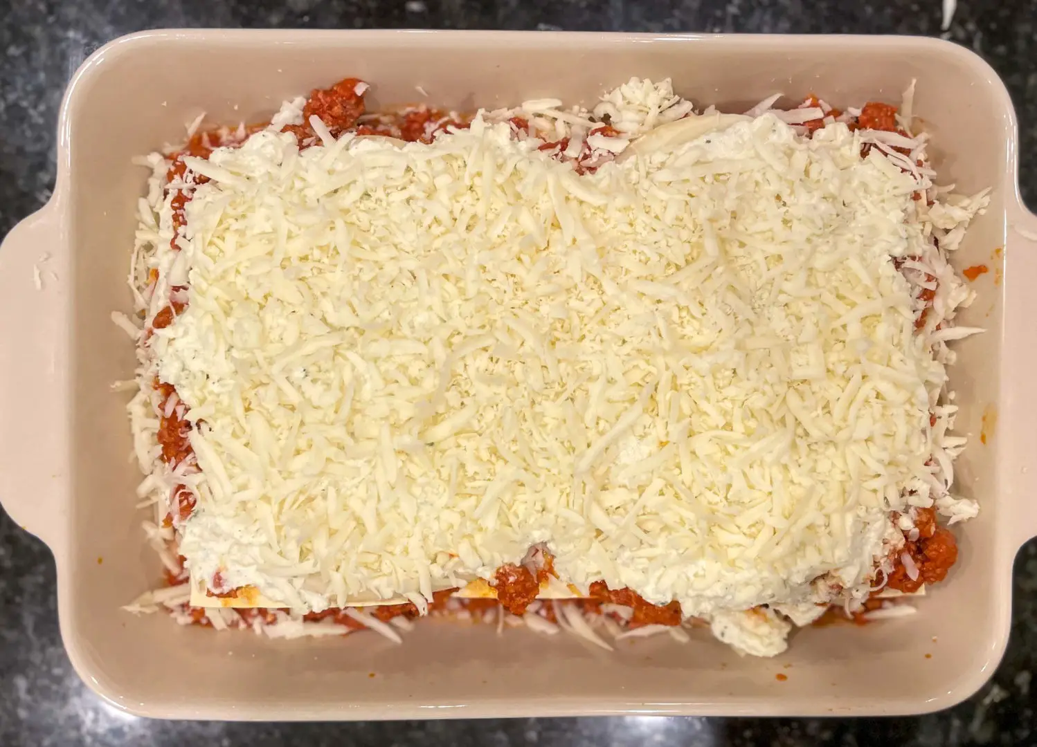 Lasagne ready to be baked.