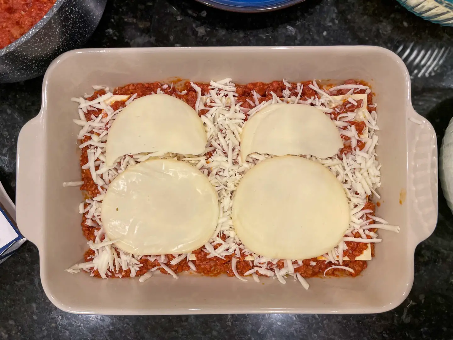 Provolone cheese layer for lasagne.