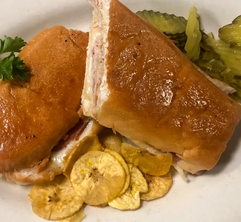 Cuban sandwich from Cafe Piquet served with plantain chips.