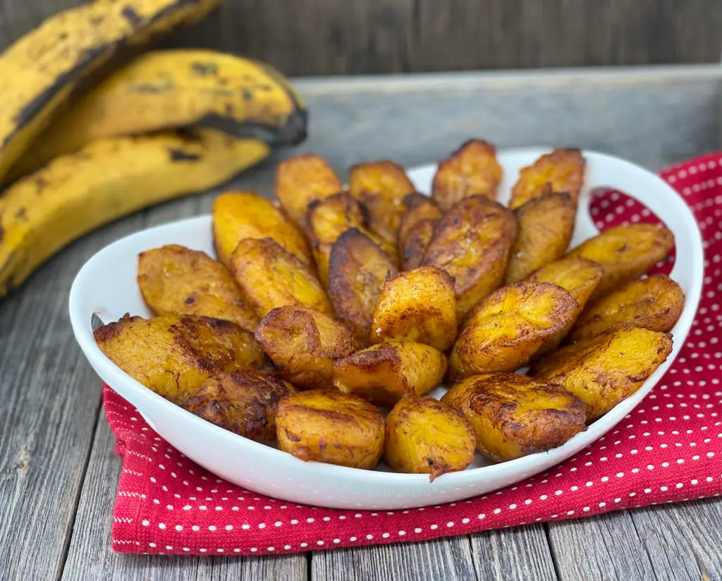 Maduros, fries sweet plantains served in a dish.