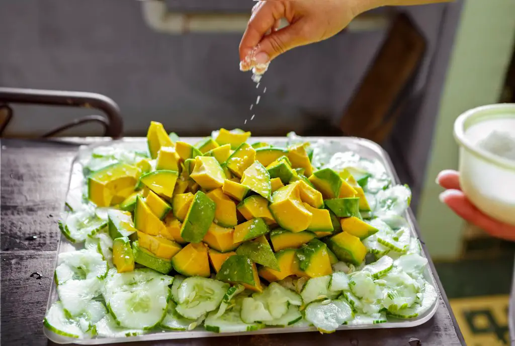 An avocado salad using Florida Cuban avocados and cucumber.