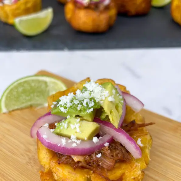 Stuffed Plantain cups also called Tostones Rellenos are 2 bite appetizers.