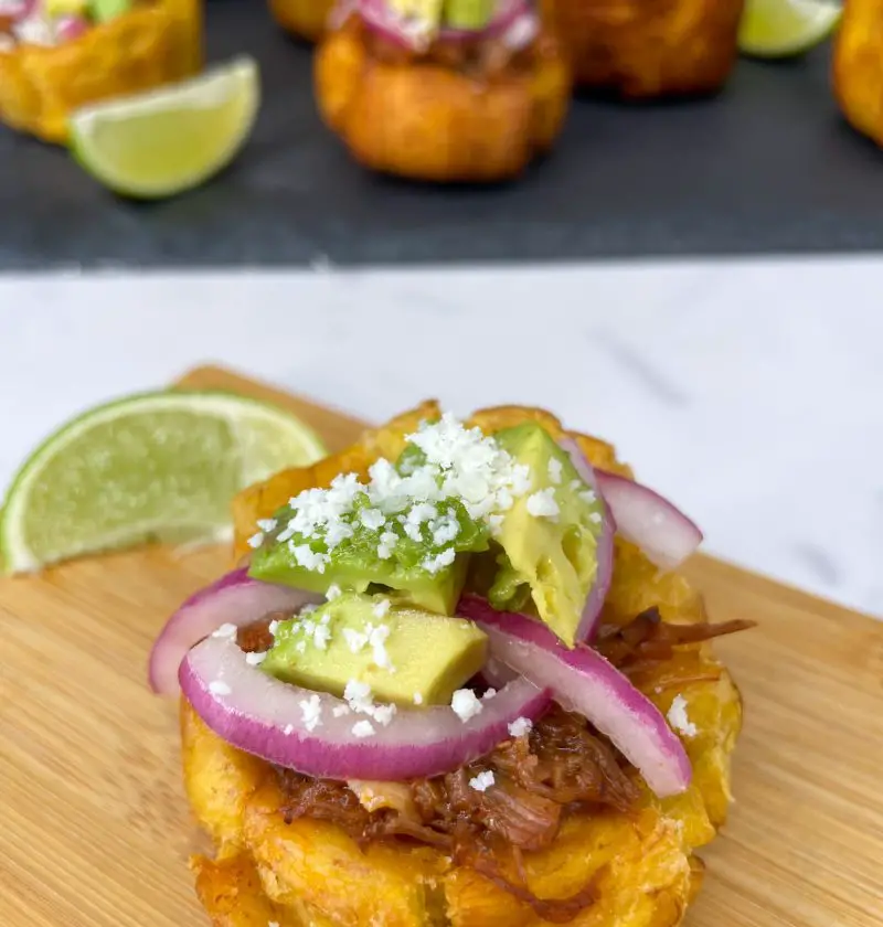 Stuffed Plantain cups also called Tostones Rellenos are 2 bite appetizers.