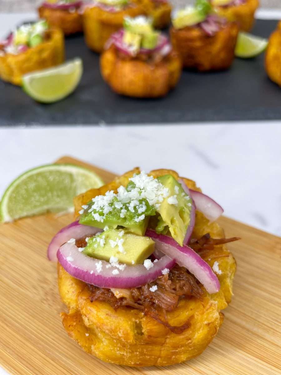 Stuffed Plantain cups also called Tostones Rellenos are 2 bite appetizers.