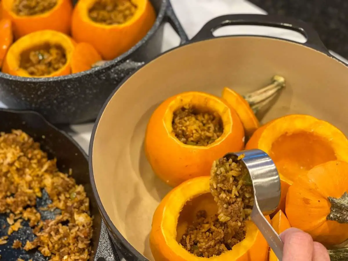 Fill each mini pumpkin with ground beef and rice mixture.